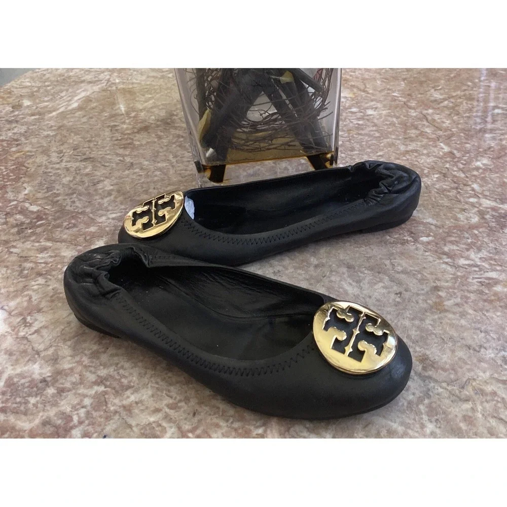 Tory Burch Minnie Travel‎ Black Leather Ballet Flat Size 6.5 M EUC, $228